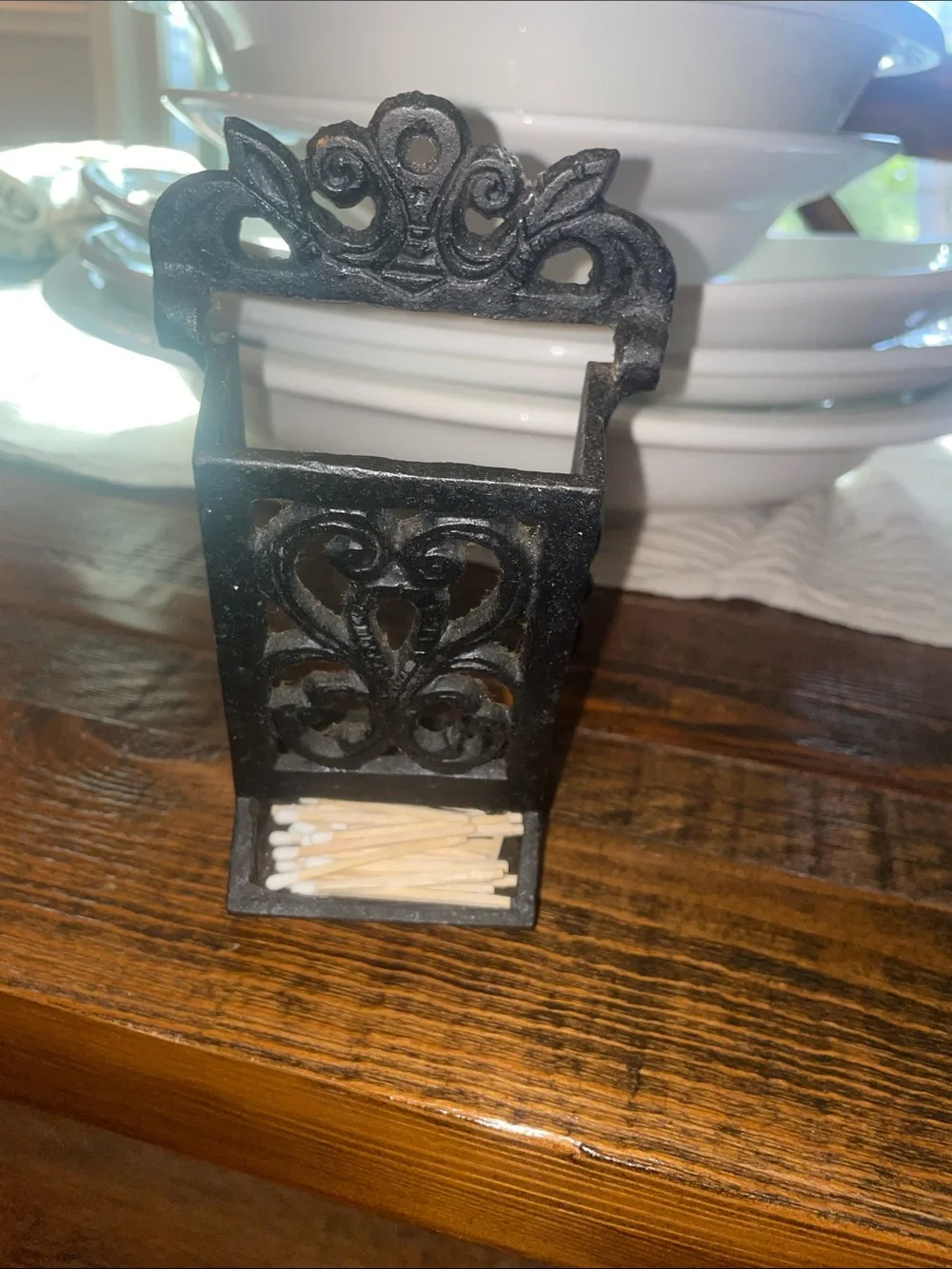 Vintage Ornate Cast Iton Black Match or Toothpick Holder Wall-Mount w Scrollwork